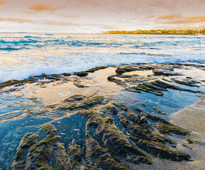 Waves Washing Over Volcanic Shoreline on Kapalaoa Beach , Anaehoʻomalu Bay, Hawaii Island, Hawaii, USA