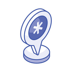 Medical sign inside map pin denoting concept isometric icon of hospital location