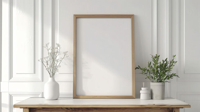 blank vertical frame with wooden edges mock up on wall isolated