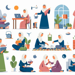 illustration of a muslim woman doing one activity, flat minimalist and realistic