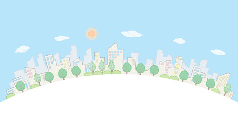 新緑の街並み. 点画のベクターイラスト.