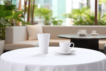 Fototapeta na wymiar Tranquil cafe scene. empty table set with fresh white tablecloth for serene and relaxing moment