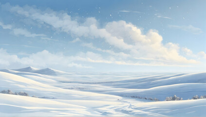 Snow covered mountains. Flat landscape. Snowy background. Snowdrifts. Clear blue sky. Cold weather. Winter season background.