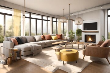 a welcoming family room with sofas of diverse shapes and colors, fostering a warm and inclusive environment for shared laughter and relaxation. - obrazy, fototapety, plakaty