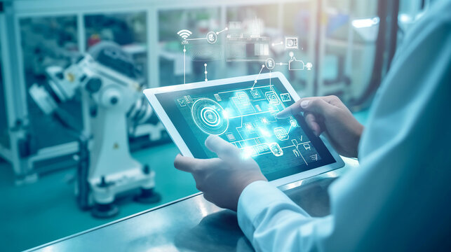 Closeup of expert engineer's hand holding tablet to control machine and mechanical arm Digital work technology concept