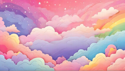 Fototapeta na wymiar Rainbow background with clouds and stars. Pastel color sky. Magical landscape, abstract fabulous pattern. Cute wallpaper illustration.