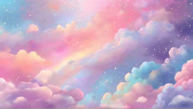Clouds and stars background. Magical landscape. Pastel color style. Abstract fabulous pattern. Cute background illustration.