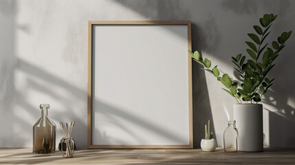 blank vertical frame with wooden edges mock up on wall isolated - obrazy, fototapety, plakaty