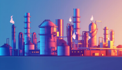 Sunset Silhouette: Industrial City Skyline with Smokestacks and River