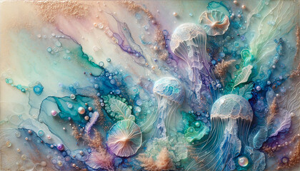Abstract fluid art paint in concept underwater seascape by alcohol ink fluid texture in deep blue and turquoise tone.
