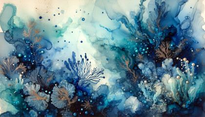 Abstract fluid art paint in concept underwater seascape by alcohol ink fluid texture in deep blue and turquoise tone. - obrazy, fototapety, plakaty