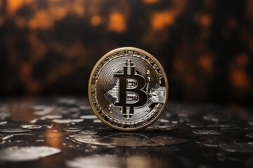 Golden bitcoin on a dark background. Cryptocurrency. Digital currency.