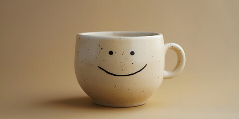 cup ceramic coffee with happy face expression on beige background banner