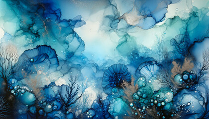 Fototapeta na wymiar Abstract fluid art paint in concept underwater seascape by alcohol ink fluid texture in deep blue and turquoise tone.
