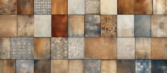 A wall composed of various types of tiles, showcasing a mix of rustic digital and ceramic designs. The tiles are arranged in a decorative pattern,