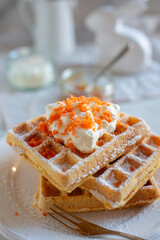 aster breakfast with waffle and powdered sugar  - 747803799