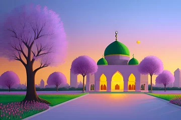 Zelfklevend Fotobehang Beautiful and colorful illustration of a mosque with trees, flowers and peaceful sky, amazing, serene, tranquil, vibrant © Imejing