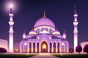 Obraz premium Beautiful and colorful illustration of a mosque with trees, flowers and peaceful sky, amazing, serene, tranquil, vibrant