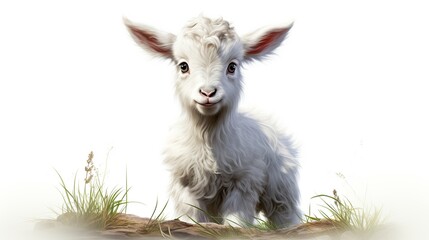 illustration of cute white furry goat kid isolated on white background