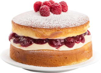Victoria sponge cake with whipped cream and raspberries isolated.