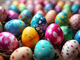 Fototapeta na wymiar dozen of colorful easter eggs in straw nest