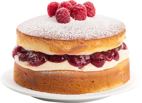 Victoria sponge cake with whipped cream and raspberries isolated.