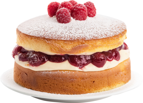 Victoria sponge cake with whipped cream and raspberries isolated.