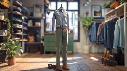 life-sized mannequin, posed with its arms down and legs slightly apart, showcases a blue button-down shirt and khaki pants in a clothing store - obrazy, fototapety, plakaty