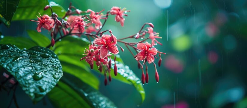 A detailed view of a Clerodendrum Wallichii Merr plant, commonly known as Nodding Clerodendron, showcasing vibrant red flowers blooming during the rainy season.