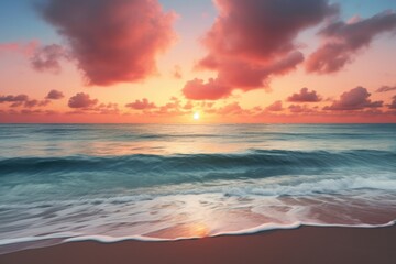 A serene beach sunset scene with text space over the horizon - obrazy, fototapety, plakaty