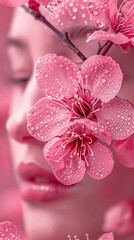 Hyper-realistic Macro Shot of Pink Cherry Blossoms with Dew Drops Against a Woman's Profile, Monochromatic Palette in Shades of Pink, Perfect Mobile Wallpaper