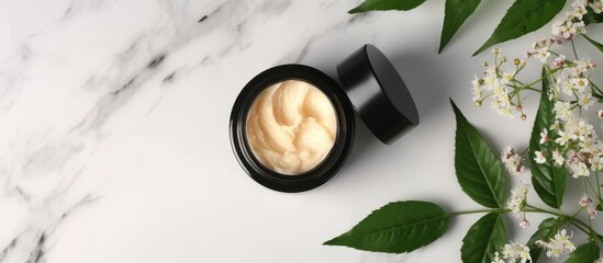 Obraz na płótnie Canvas A top-down view of a jar of luxury skincare cream placed on a sleek marble counter. The cream is a face moisturizer and anti-aging product, catering to a beauty routine for healthy skin.