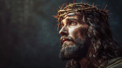 A man with a crown of thorns on his head, representing the suffering of Jesus Christ in Christian faith. Symbolizes the crucifixion and sacrifice of Jesus for humanitys sins - obrazy, fototapety, plakaty