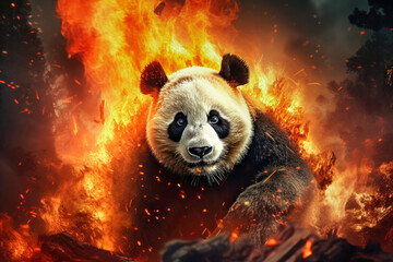 A panda bear perched atop a pile of fire, escaping from a forest fire, highlighting the environmental issue - obrazy, fototapety, plakaty