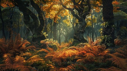Temperate deciduous forest autumn forest red orange.An ancient forest with giant trees and a carpet of ferns oak beech maple. night mysterious and ancient nature landscape fantasy nature background

