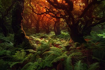 Temperate deciduous forest autumn forest red orange.An ancient forest with giant trees and a carpet of ferns oak beech maple. night mysterious and ancient nature landscape fantasy nature background

