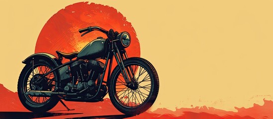 A painting featuring a detailed motorcycle against a vibrant sunset backdrop. The dynamic composition captures the essence of freedom and adventure in the open road.