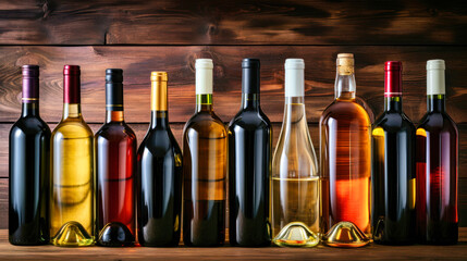 Row of Wine Bottles Aligned Against Wooden Wall