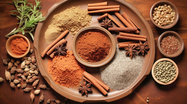 Plate of Spices and Nuts on Wooden Table