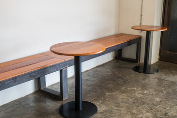 Wooden chair and table in Korean restaurant or minimal cafe style with view of city in seoul korea,cafe japan or korea concept..