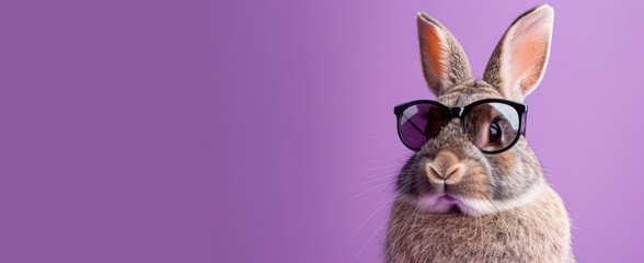 funny easter Bunny With sunglasses In vibrant purple background Copy space for text. easter concept, horizontal banner 