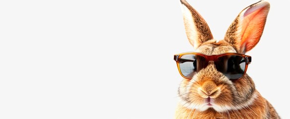 funny easter Bunny With sunglasses In vibrant grey background Copy space for text. easter concept, horizontal banner 