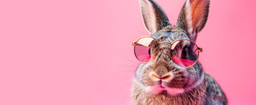 funny easter Bunny With sunglasses In vibrant pink background Copy space for text. easter concept, horizontal banner