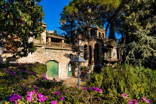 Villa Comunale Taormina Parco Florence Trevelyan public park with Victorian Follies eclectic oriental pavilions in Messina region of Sicily in Italy