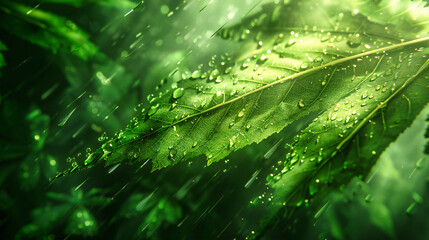 Fresh Green Leaves and Spring Dew, Natures Beauty and Bright Raindrops, Environmental Freshness and Plant Growth, Detailed and Vibrant Background