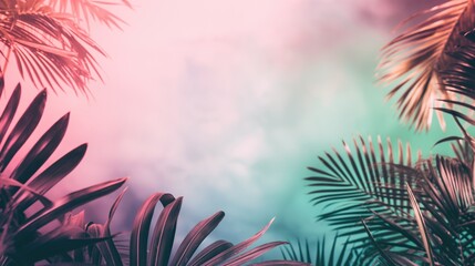 Tropical palm leaves on blurred background. Copy space for text