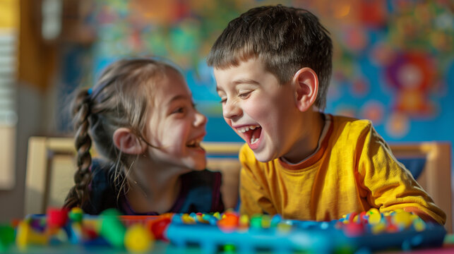 Autistic boy and girl learning and playing together, autism day celebration, Ai Generated Images