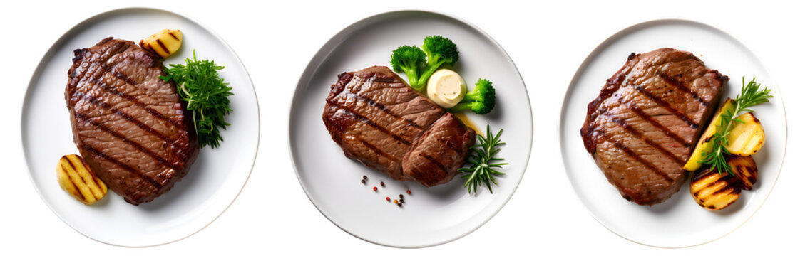 unsliced grilled beef steak on white plate with tomatoes and sauce, isolated on white transparent background png, top view