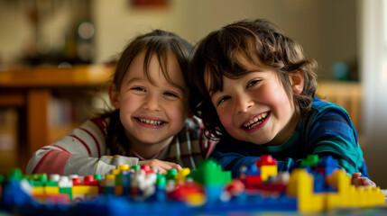 Fototapeta premium Autistic boy and girl learning and playing together, autism day celebration, Ai Generated Images