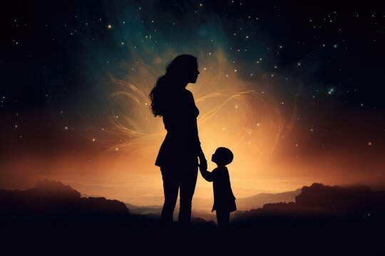 A silhouette of a mother and child with space